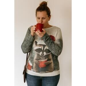 Holiday Thermal Shirt Festive Size XL Racoon and Coffee